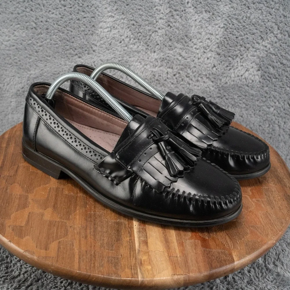 Bass Black Leather Slip-On Loafers with Kiltie Tassels 2553-001 Men US 10 M